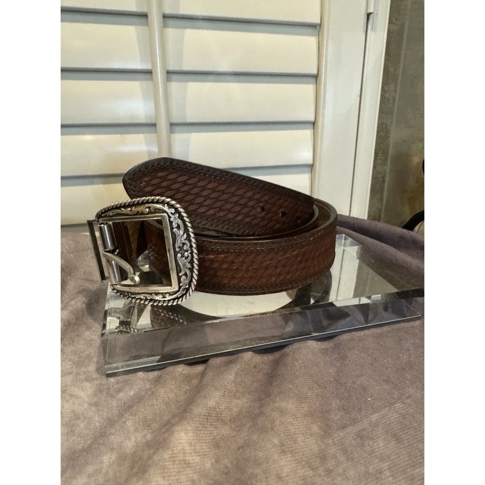 vintage‎ ARIAT buckle belt TOOLED cowhide leather 46 reversible WESTERN cowboy